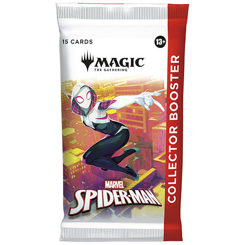 Marvel Spider-Man card pack with 'Magic: The Gathering' branding on a white background