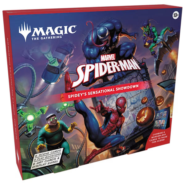 Product packaging for 'Spider-Man: Spidey's Sensational Showdown' featuring Marvel and Magic: The Gathering logos.