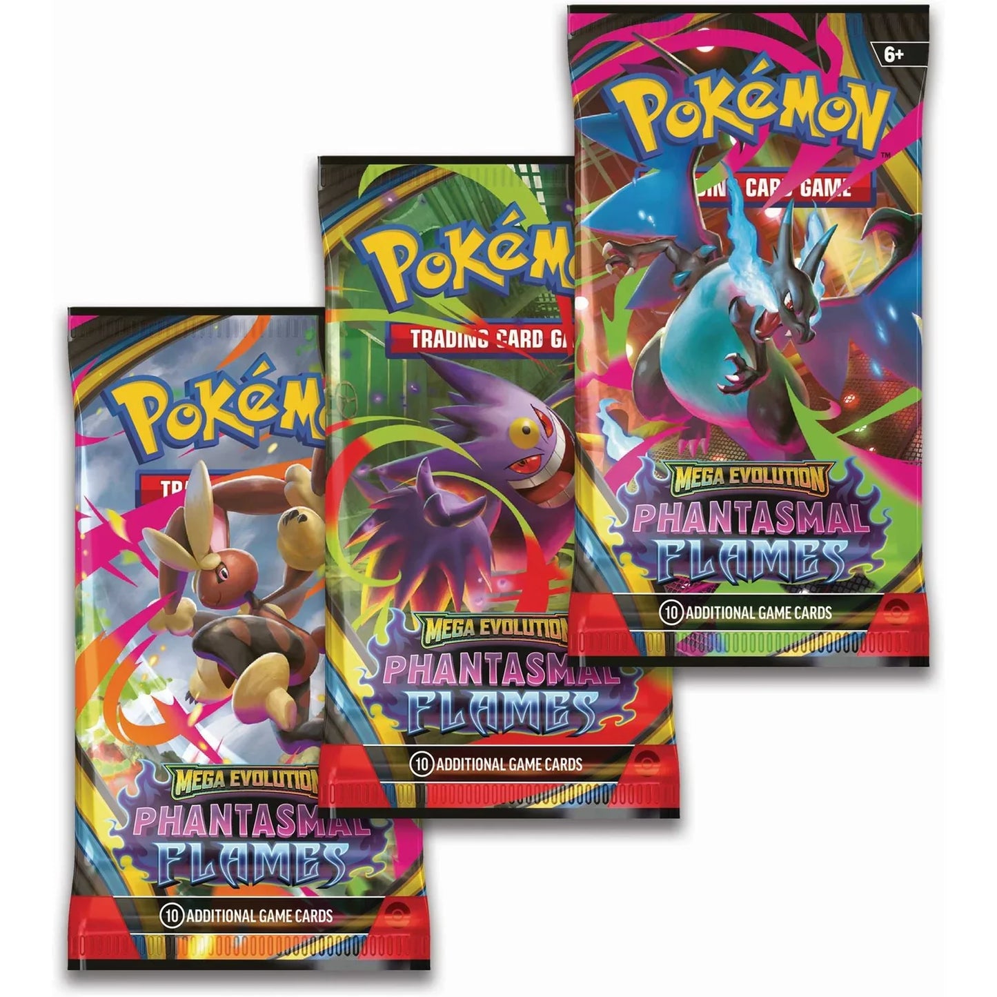 Three Pokémon trading card game packs on a white background