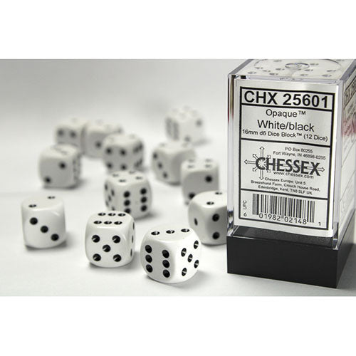 Chessex - Opaque 16mm D6 Dice Block - White w/Black - Ultra Rare Emporium