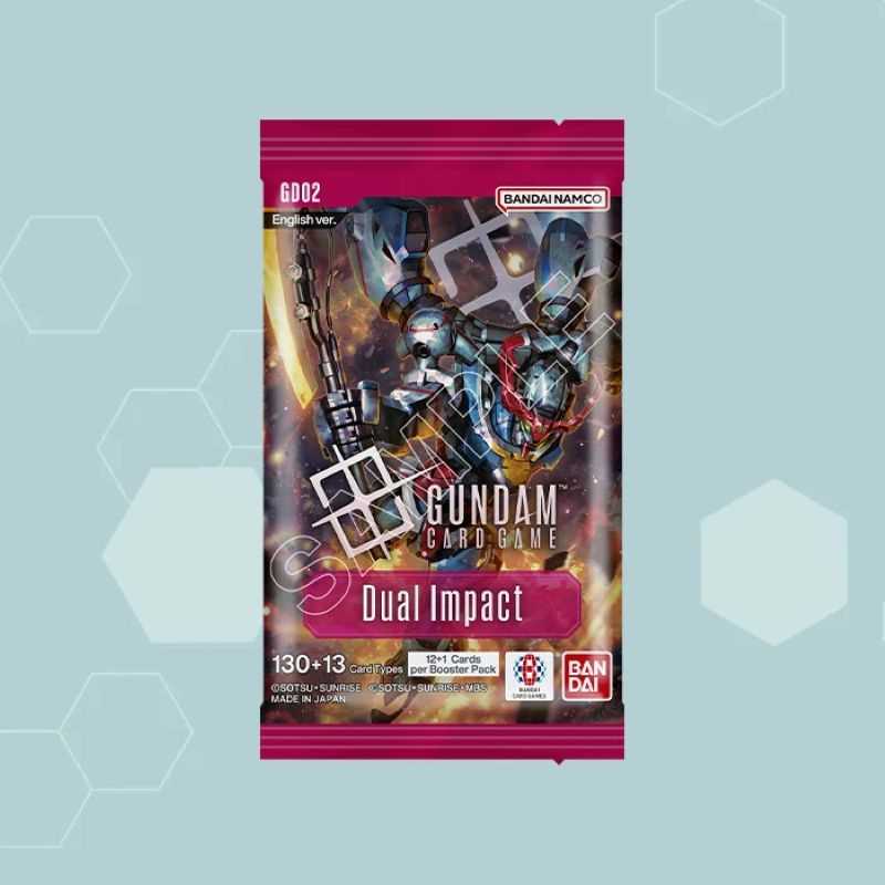 Gundam card game booster pack with robot illustration on a brown background