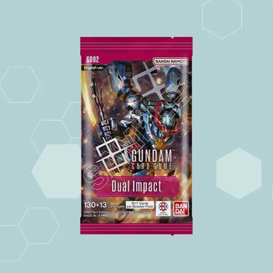 Gundam card game booster pack with robot illustration on a brown background