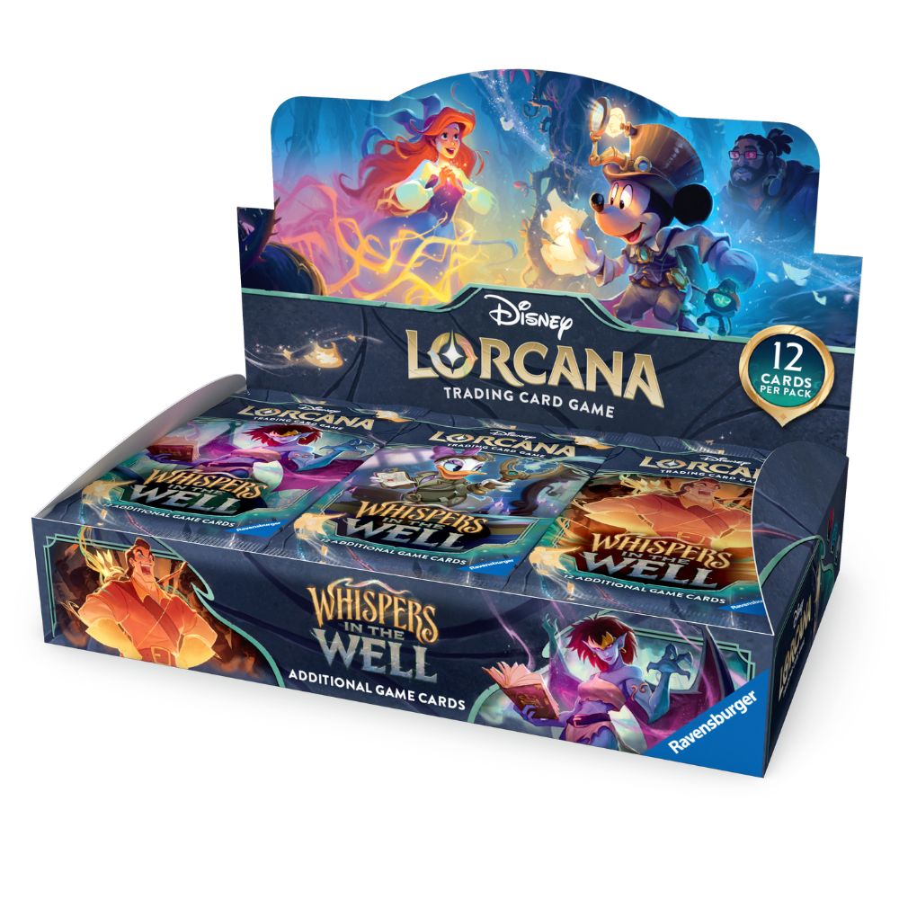 Disney Lorcana trading card game packaging with characters and 'Whispers in the Well' theme.