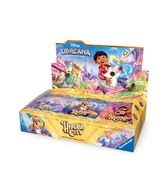 Disney Lorcana Hyperia City card box display with illustrated character artwork and multiple booster packs visible inside, photographed on a clean white background.