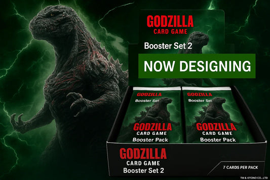 Promotional graphic for Godzilla Card Game Booster Set 2 with a green and black background.