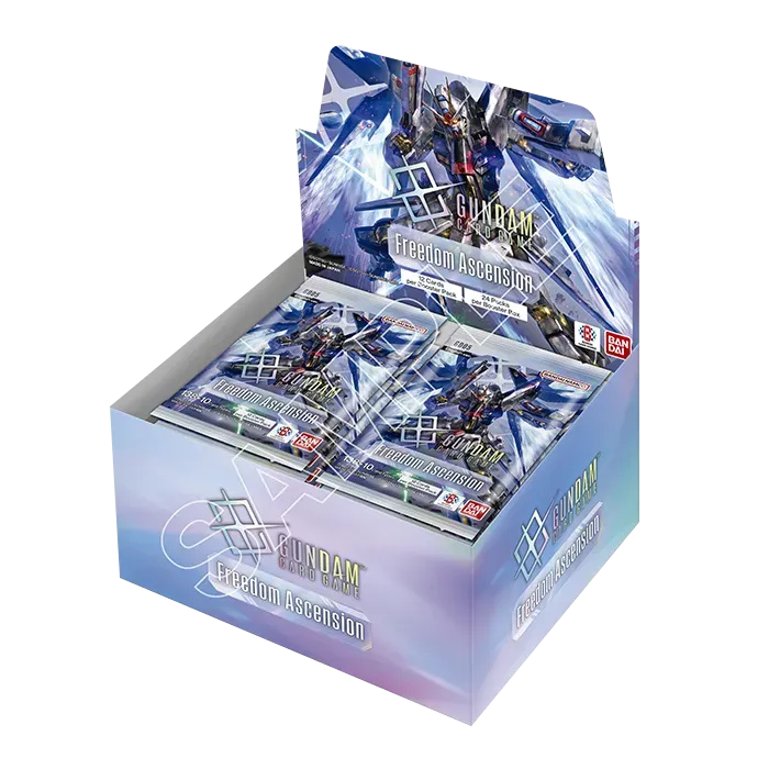 A Gundam Freedom Ascension trading card display box filled with individual card packs, shown on a plain white background.
