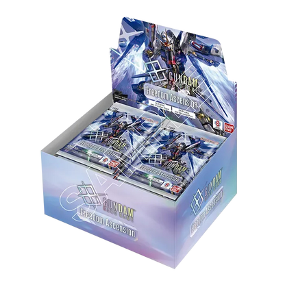 A Gundam Freedom Ascension trading card display box filled with individual card packs, shown on a plain white background.