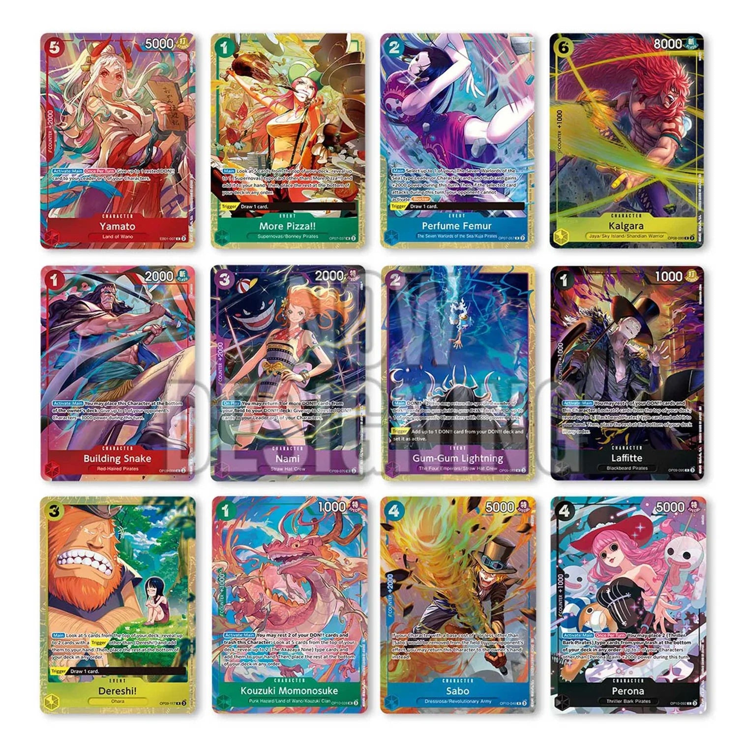 Collection of colorful trading cards featuring various characters on a white background