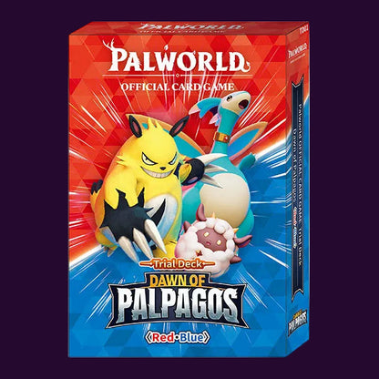 Palworld Official Card Game Trial Deck: Dawn of Palpagos (Red-Blue) card game box featuring colorful character artwork on a red and blue background.