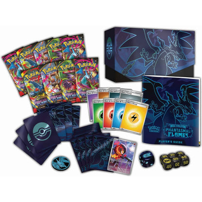 Pokémon trading card game components including cards, a player’s guide, and dice on a white background
