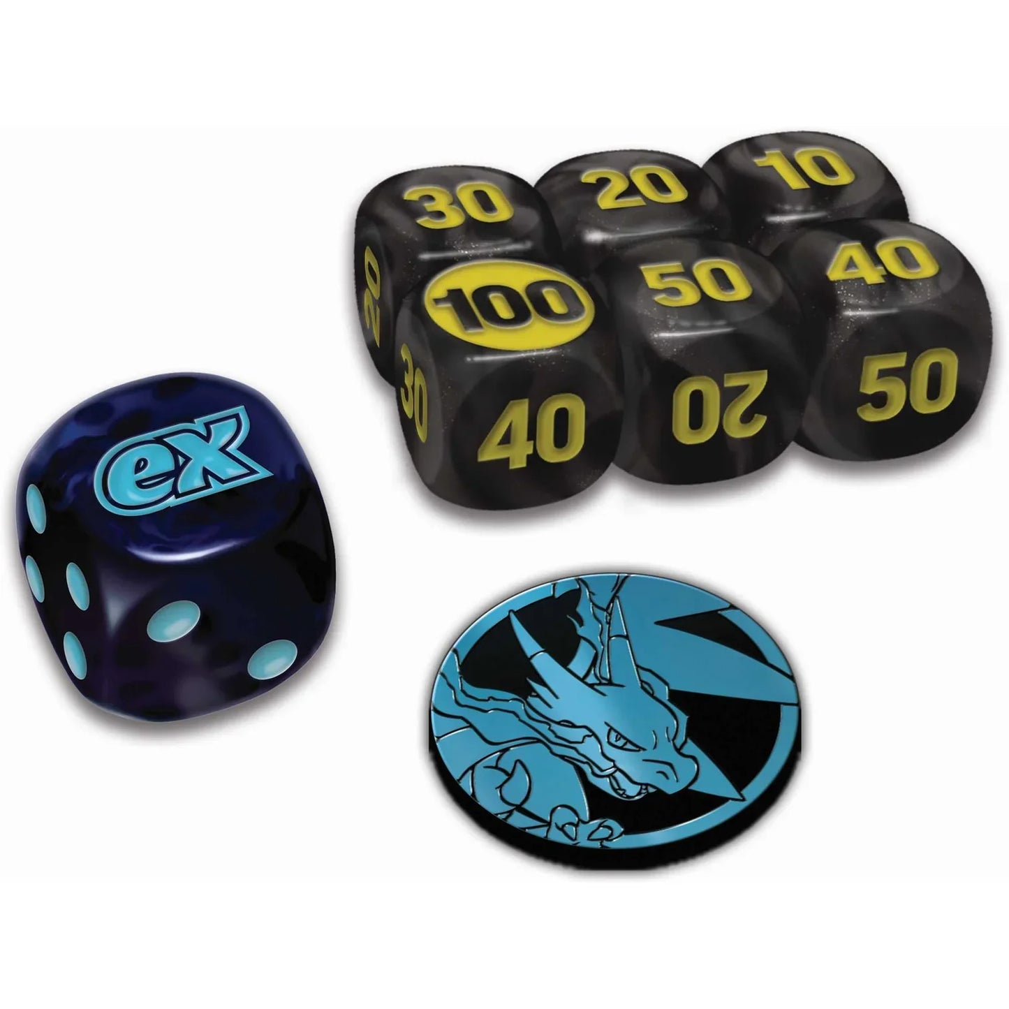 Set of dice with various numbers and a dragon emblem on a white background