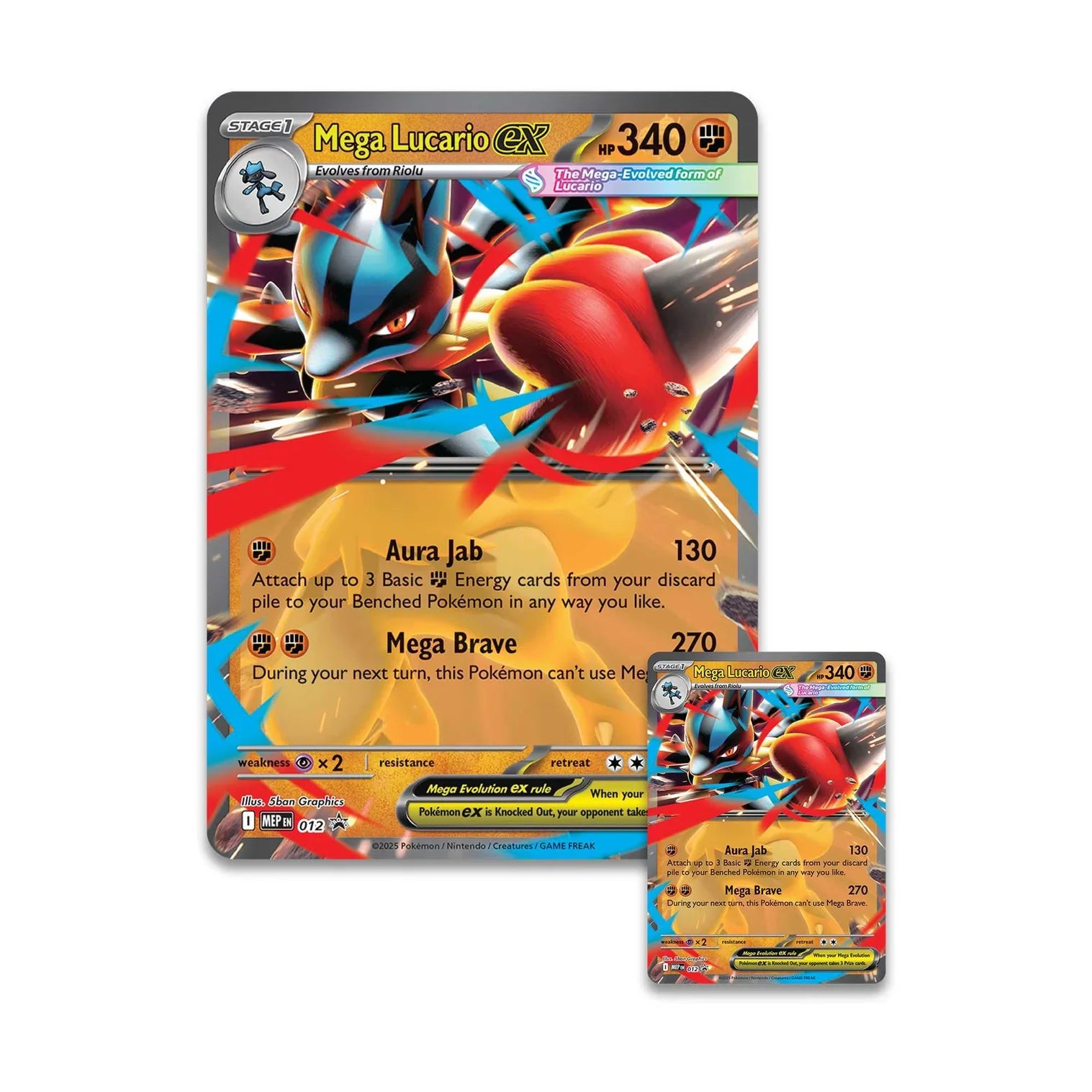 Mega Lucario EX trading card with detailed artwork on a white background