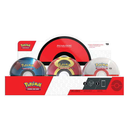 Pokémon trading card game packaging with three different colored balls on a white background