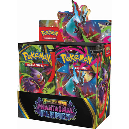 Pokémon trading card game packaging with colorful designs and Mega Evolution branding.