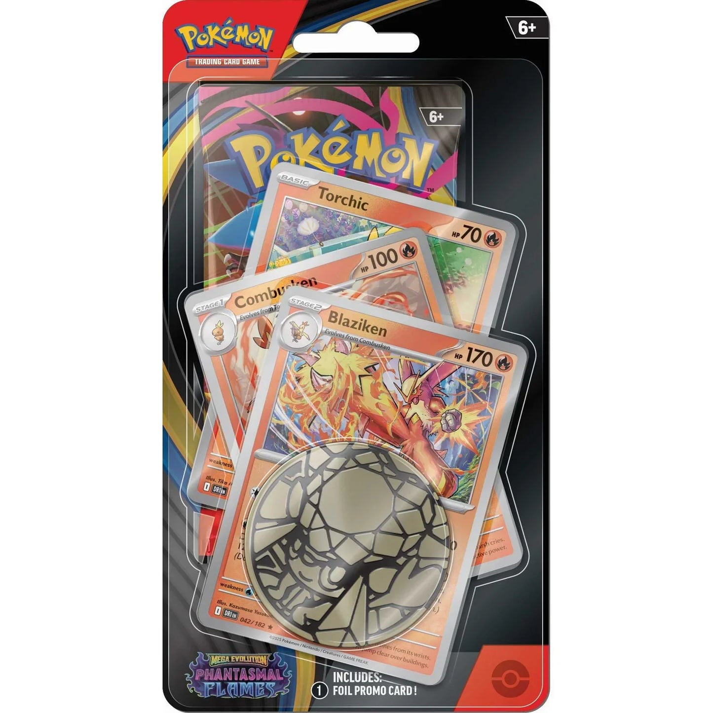 Pokémon trading card game pack with cards and a coin on a white background