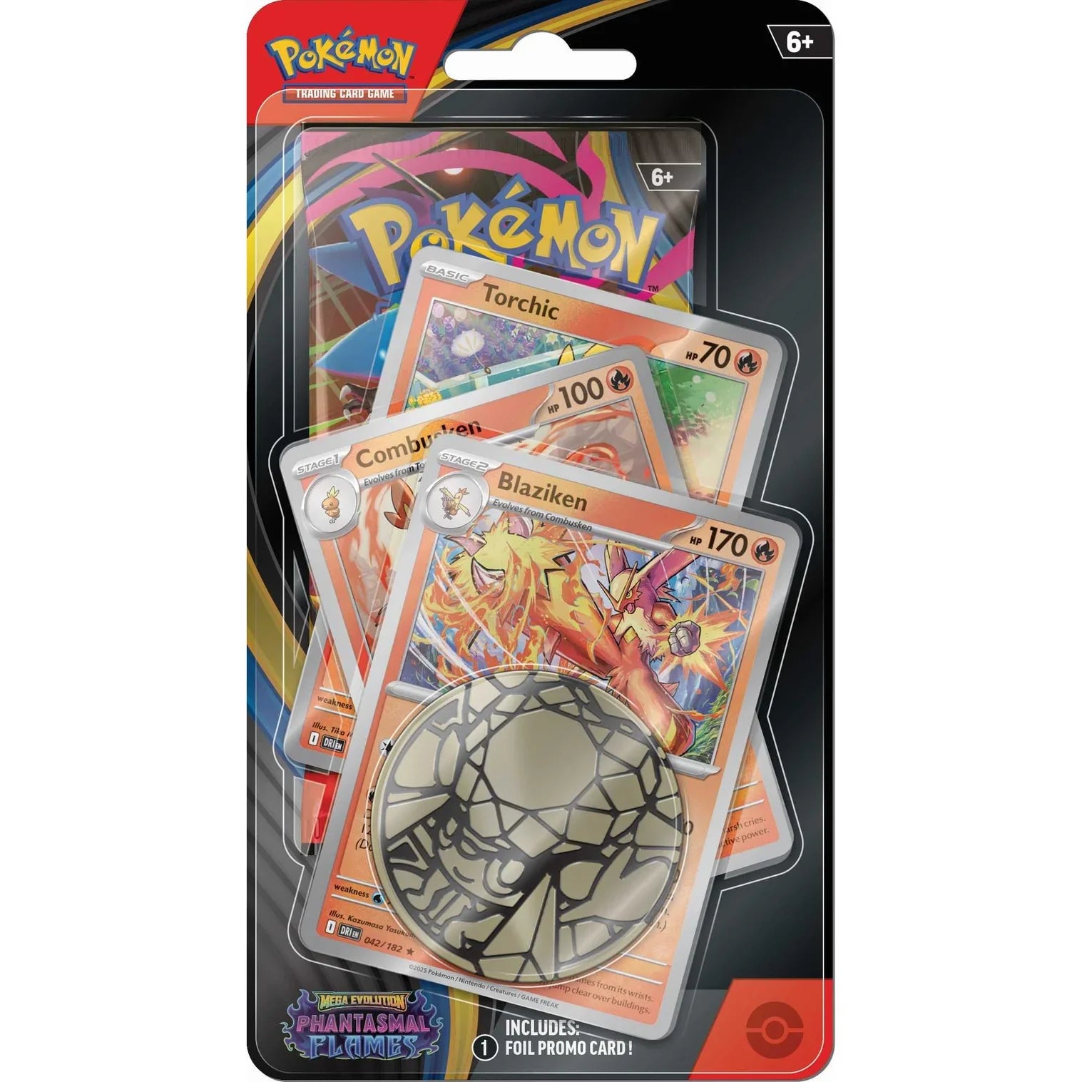 Pokémon trading card game pack with cards and a coin on a white background