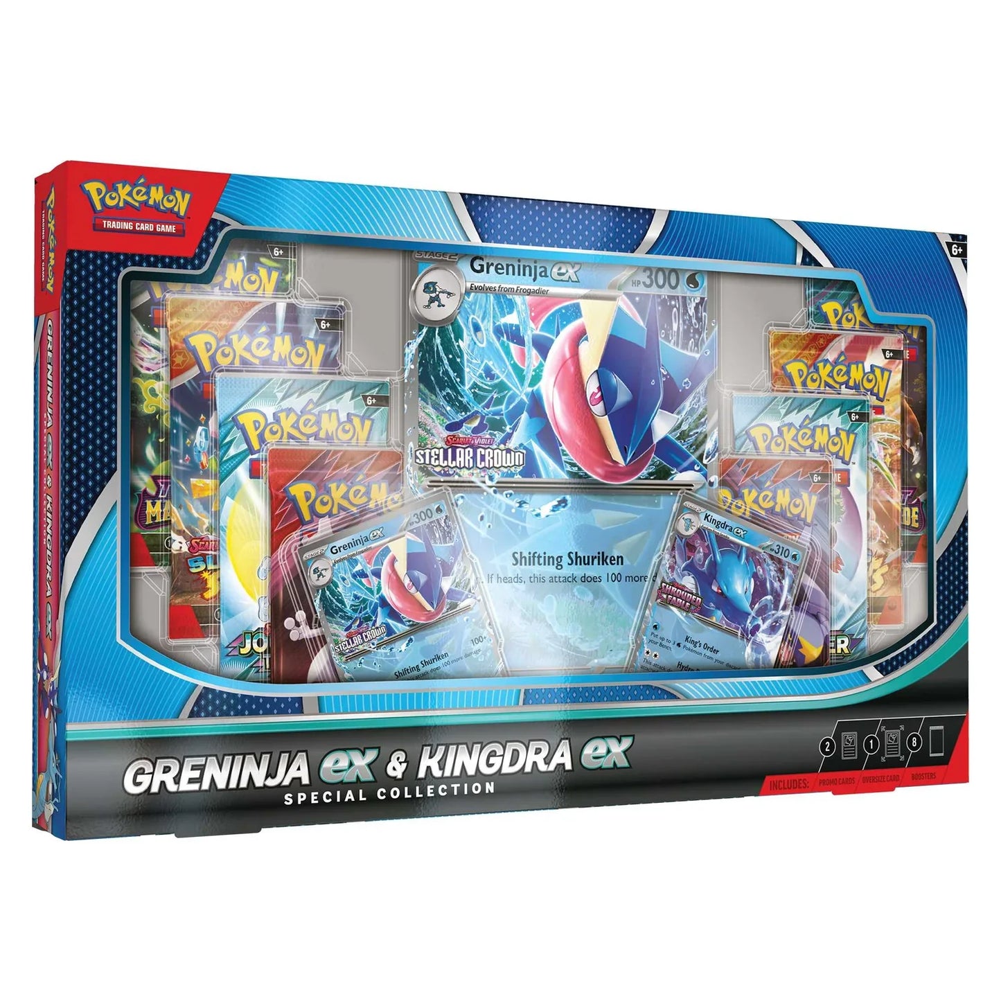 Pokémon trading card game collection box featuring Greninja ex and Kingdra ex on a white background.