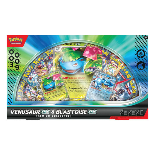 Pokémon trading card game premium collection packaging featuring Venusaur ex and Blastoise ex.