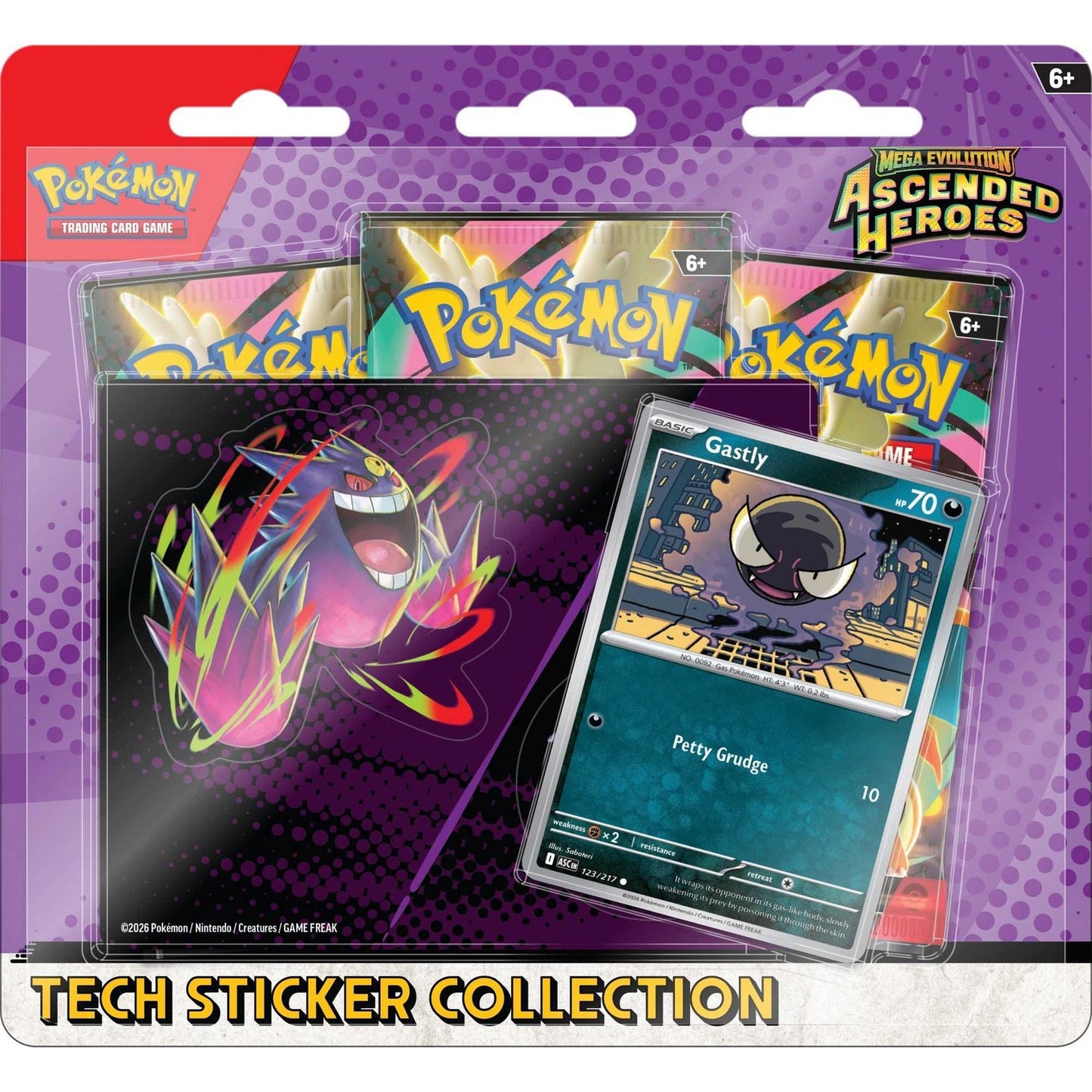 Pokémon trading card game pack with a Gastly card displayed, featuring colorful graphics and text.