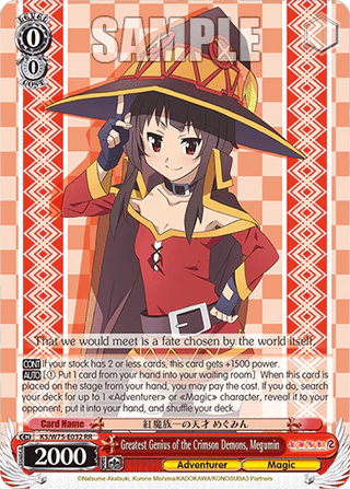 Card featuring an animated character with a red outfit and hat on a patterned background
