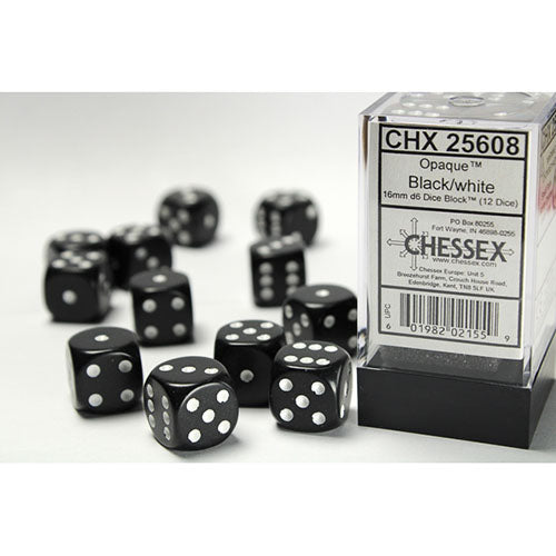 Chessex - Opaque 16mm D6 Dice Block - Black w/White