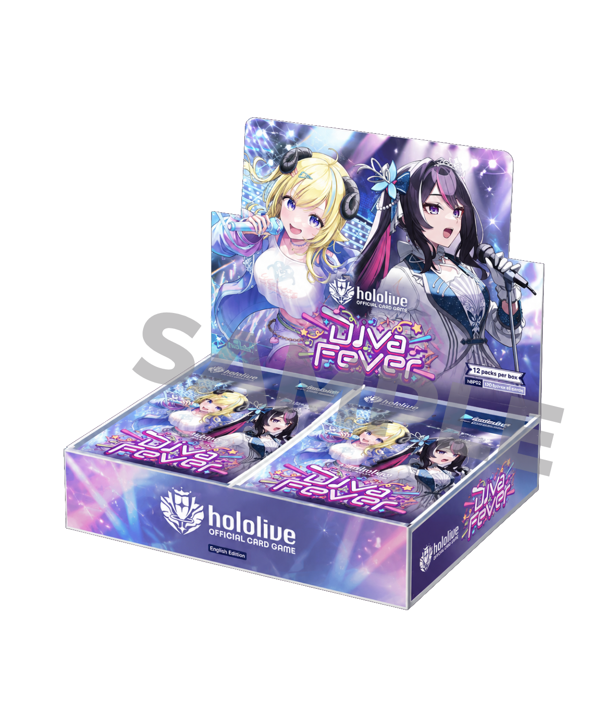 Hololive Diva Fever Official Card Game display box with anime character artwork and multiple booster packs inside, shown on a white background with a translucent sample watermark.